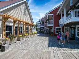 People walking along a wooden boardwalk between shops