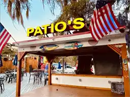 Patio's Tiki Bar & Grill outdoor deck and sign