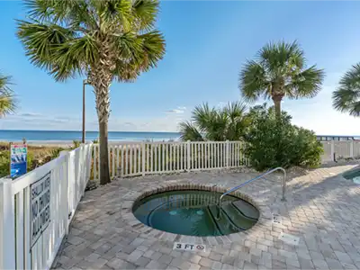 Beachfront hot tub area with palm trees and stunning ocean views