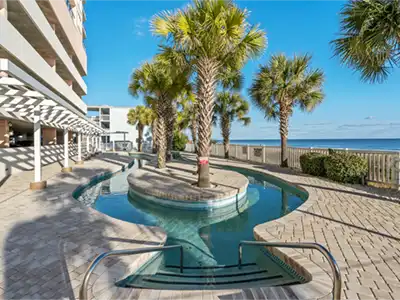 Resort-style beachfront pool with palm trees and sweeping ocean views