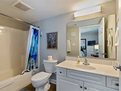 Bright full bathroom with tub/shower combo and spacious vanity